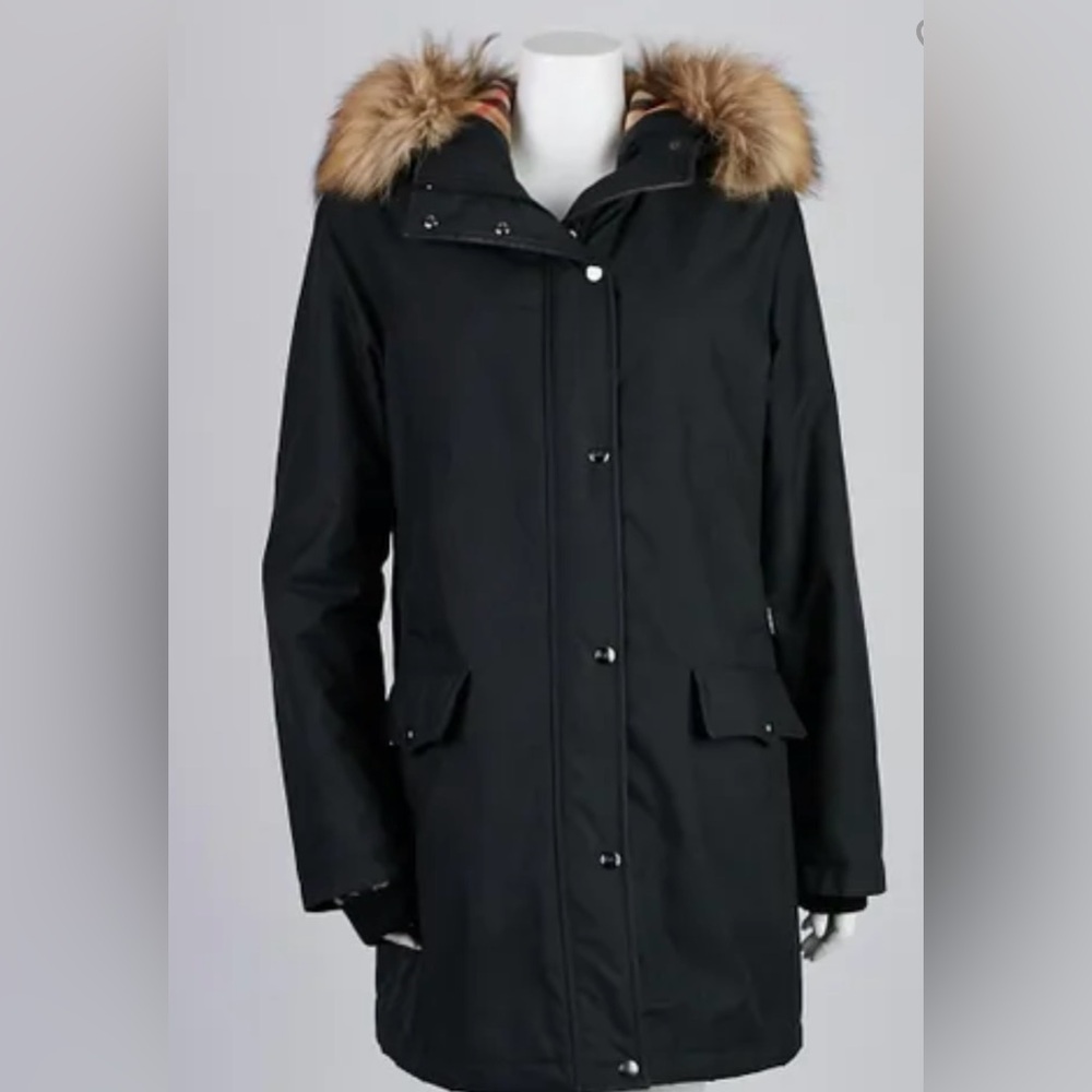 Burberry London Black Polyester Raccoon Fur Trim Babthorpe Parka Jacket